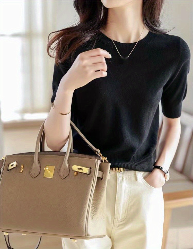 半袖针织毛衣 休闲圆领 纯色春夏季女士服装 细节图 8