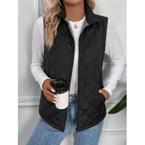 Argyle Pattern Fall & Winter Vest, Casual Zip Up Sleeveless Vest, Women's Clothing