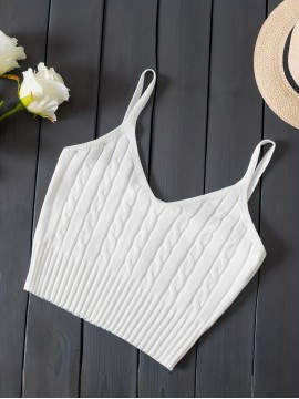 Knitted Cami Crop Top, Versatile Sleeveless Casual Top For Spring & Summer, Women's Clothing
