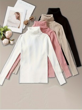 Solid 4 Packs Knitted Sweater, Casual Long Sleeve Turtleneck Sweater For Fall & Winter, Women's Clothing